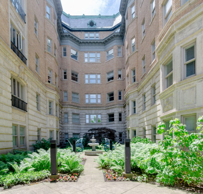 Interior courtyard with central fountain and ornamental stonework