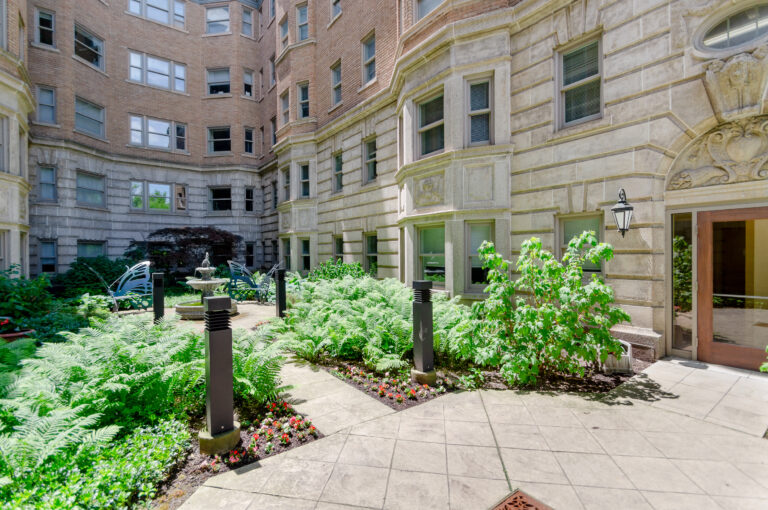 Landscaped courtyard garden with fern beds and historic detailing